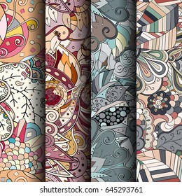 Set of tracery colorful seamless patterns. Vertical stripes. Curved doodling backgrounds for textile or printing with mehndi and ethnic motives. Vector