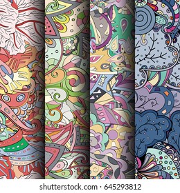 Set of tracery colorful seamless patterns. Vertical stripes. Curved doodling backgrounds for textile or printing with mehndi and ethnic motives. Vector