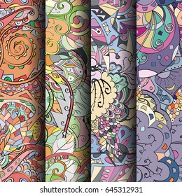 Set of tracery colorful seamless patterns. Vertical stripes. Curved doodling backgrounds for textile or printing with mehndi and ethnic motives. Vector