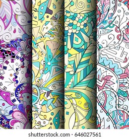 Set of tracery colorful seamless patterns. Vertical stripes. Curved doodling backgrounds for textile or printing with mehndi and ethnic motives. Vector