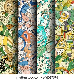 Set of tracery colorful seamless patterns. Vertical stripes. Curved doodling backgrounds for textile or printing with mehndi and ethnic motives. Vector