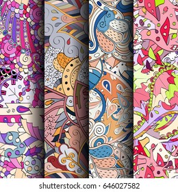 Set of tracery colorful seamless patterns. Vertical stripes. Curved doodling backgrounds for textile or printing with mehndi and ethnic motives. Vector