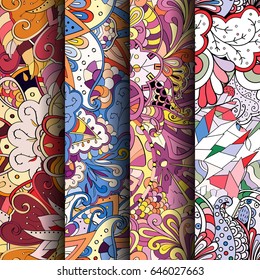 Set of tracery colorful seamless patterns. Vertical stripes. Curved doodling backgrounds for textile or printing with mehndi and ethnic motives. Vector