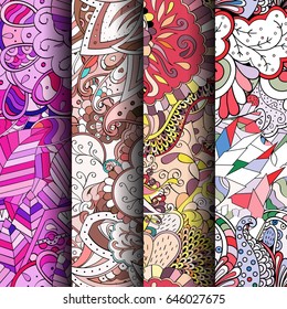 Set of tracery colorful seamless patterns. Vertical stripes. Curved doodling backgrounds for textile or printing with mehndi and ethnic motives. Vector