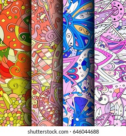 Set of tracery colorful seamless patterns. Vertical stripes. Curved doodling backgrounds for textile or printing with mehndi and ethnic motives. Vector