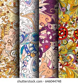 Set of tracery colorful seamless patterns. Vertical stripes. Curved doodling backgrounds for textile or printing with mehndi and ethnic motives. Vector