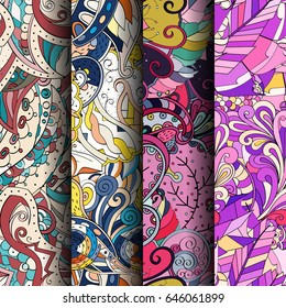 Set of tracery colorful seamless patterns. Vertical stripes. Curved doodling backgrounds for textile or printing with mehndi and ethnic motives. Vector
