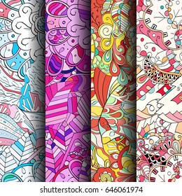 Set of tracery colorful seamless patterns. Vertical stripes. Curved doodling backgrounds for textile or printing with mehndi and ethnic motives. Vector