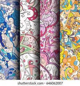 Set of tracery colorful seamless patterns. Vertical stripes. Curved doodling backgrounds for textile or printing with mehndi and ethnic motives. Vector