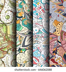 Set of tracery colorful seamless patterns. Vertical stripes. Curved doodling backgrounds for textile or printing with mehndi and ethnic motives. Vector