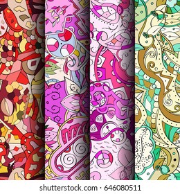 Set of tracery colorful seamless patterns. Vertical stripes. Curved doodling backgrounds for textile or printing with mehndi and ethnic motives. Vector