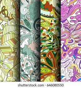 Set of tracery colorful seamless patterns. Vertical stripes. Curved doodling backgrounds for textile or printing with mehndi and ethnic motives. Vector