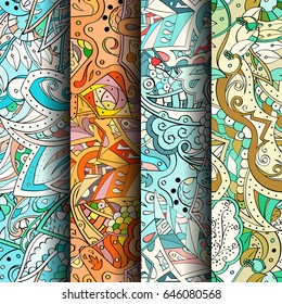 Set of tracery colorful seamless patterns. Vertical stripes. Curved doodling backgrounds for textile or printing with mehndi and ethnic motives. Vector