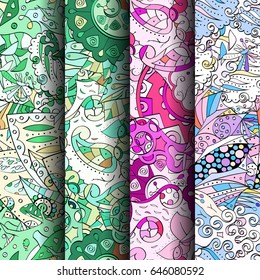 Set of tracery colorful seamless patterns. Vertical stripes. Curved doodling backgrounds for textile or printing with mehndi and ethnic motives. Vector