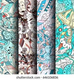 Set of tracery colorful seamless patterns. Vertical stripes. Curved doodling backgrounds for textile or printing with mehndi and ethnic motives. Vector