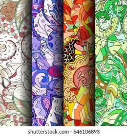 Set of tracery colorful seamless patterns. Vertical stripes. Curved doodling backgrounds for textile or printing with mehndi and ethnic motives. Vector