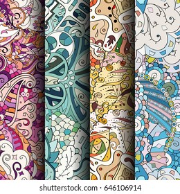 Set of tracery colorful seamless patterns. Vertical stripes. Curved doodling backgrounds for textile or printing with mehndi and ethnic motives. Vector