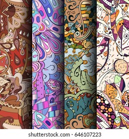 Set of tracery colorful seamless patterns. Vertical stripes. Curved doodling backgrounds for textile or printing with mehndi and ethnic motives. Vector