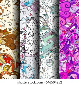 Set of tracery colorful seamless patterns. Vertical stripes. Curved doodling backgrounds for textile or printing with mehndi and ethnic motives. Vector