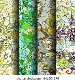 Set of tracery colorful seamless patterns. Vertical stripes. Curved doodling backgrounds for textile or printing with mehndi and ethnic motives. Vector