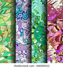 Set of tracery colorful seamless patterns. Vertical stripes. Curved doodling backgrounds for textile or printing with mehndi and ethnic motives. Vector