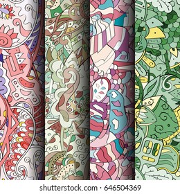 Set of tracery colorful seamless patterns. Vertical stripes. Curved doodling backgrounds for textile or printing with mehndi and ethnic motives. Vector