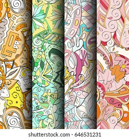 Set of tracery colorful seamless patterns. Vertical stripes. Curved doodling backgrounds for textile or printing with mehndi and ethnic motives. Vector