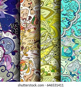 Set of tracery colorful seamless patterns. Vertical stripes. Curved doodling backgrounds for textile or printing with mehndi and ethnic motives. Vector