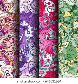 Set of tracery colorful seamless patterns. Vertical stripes. Curved doodling backgrounds for textile or printing with mehndi and ethnic motives. Vector