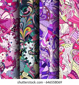 Set of tracery colorful seamless patterns. Vertical stripes. Curved doodling backgrounds for textile or printing with mehndi and ethnic motives. Vector
