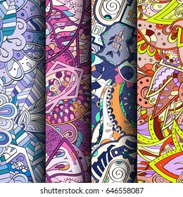 Set of tracery colorful seamless patterns. Vertical stripes. Curved doodling backgrounds for textile or printing with mehndi and ethnic motives. Vector