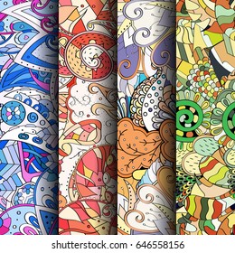 Set of tracery colorful seamless patterns. Vertical stripes. Curved doodling backgrounds for textile or printing with mehndi and ethnic motives. Vector