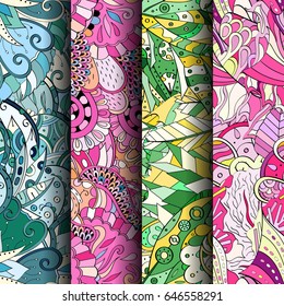 Set of tracery colorful seamless patterns. Vertical stripes. Curved doodling backgrounds for textile or printing with mehndi and ethnic motives. Vector
