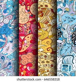 Set of tracery colorful seamless patterns. Vertical stripes. Curved doodling backgrounds for textile or printing with mehndi and ethnic motives. Vector