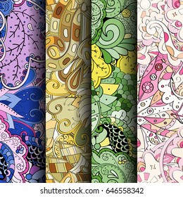 Set of tracery colorful seamless patterns. Vertical stripes. Curved doodling backgrounds for textile or printing with mehndi and ethnic motives. Vector