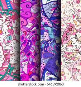 Set of tracery colorful seamless patterns. Vertical stripes. Curved doodling backgrounds for textile or printing with mehndi and ethnic motives. Vector