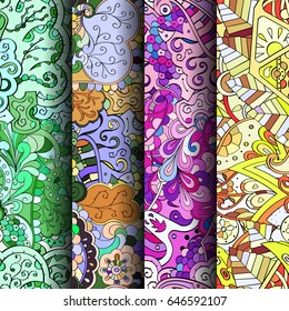 Set of tracery colorful seamless patterns. Vertical stripes. Curved doodling backgrounds for textile or printing with mehndi and ethnic motives. Vector