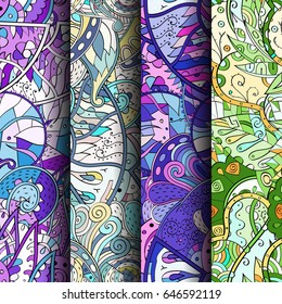 Set of tracery colorful seamless patterns. Vertical stripes. Curved doodling backgrounds for textile or printing with mehndi and ethnic motives. Vector