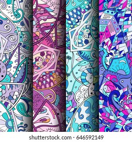 Set of tracery colorful seamless patterns. Vertical stripes. Curved doodling backgrounds for textile or printing with mehndi and ethnic motives. Vector