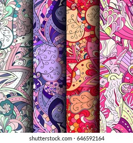 Set of tracery colorful seamless patterns. Vertical stripes. Curved doodling backgrounds for textile or printing with mehndi and ethnic motives. Vector