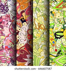 Set of tracery colorful seamless patterns. Vertical stripes. Curved doodling backgrounds for textile or printing with mehndi and ethnic motives. Vector