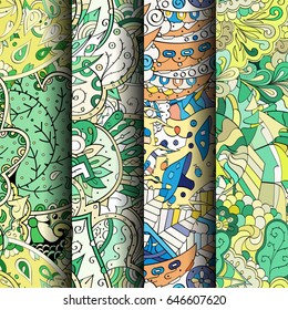 Set of tracery colorful seamless patterns. Vertical stripes. Curved doodling backgrounds for textile or printing with mehndi and ethnic motives. Vector