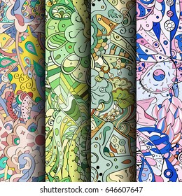 Set of tracery colorful seamless patterns. Vertical stripes. Curved doodling backgrounds for textile or printing with mehndi and ethnic motives. Vector