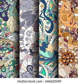 Set of tracery colorful seamless patterns. Vertical stripes. Curved doodling backgrounds for textile or printing with mehndi and ethnic motives. Vector