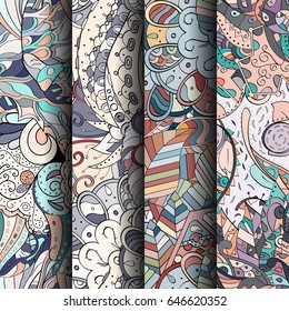 Set of tracery colorful seamless patterns. Vertical stripes. Curved doodling backgrounds for textile or printing with mehndi and ethnic motives. Vector