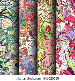 Set of tracery colorful seamless patterns. Vertical stripes. Curved doodling backgrounds for textile or printing with mehndi and ethnic motives. Vector