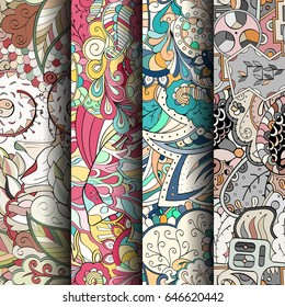 Set of tracery colorful seamless patterns. Vertical stripes. Curved doodling backgrounds for textile or printing with mehndi and ethnic motives. Vector