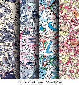 Set of tracery colorful seamless patterns. Vertical stripes. Curved doodling backgrounds for textile or printing with mehndi and ethnic motives. Vector