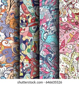 Set of tracery colorful seamless patterns. Vertical stripes. Curved doodling backgrounds for textile or printing with mehndi and ethnic motives. Vector