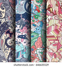 Set of tracery colorful seamless patterns. Vertical stripes. Curved doodling backgrounds for textile or printing with mehndi and ethnic motives. Vector